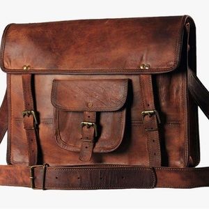 Genuine leather small messenger bag. 11”w x 10”h x 3”d.